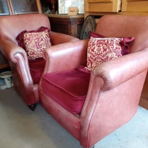 Pair red leather armchairs